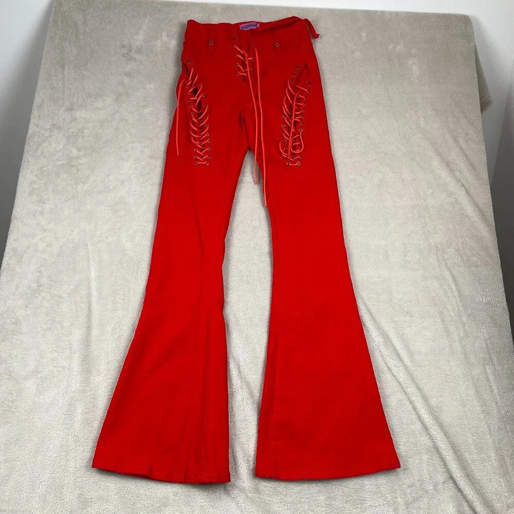 Edikted Woman's Pants XS Red Lace-Up Flared Bell Bottom Cotton Blend Retro Y2K S